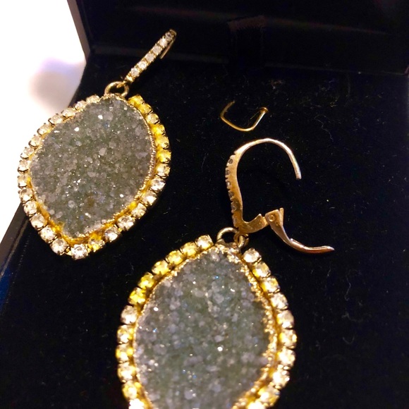 Gold plated blue druzy and rhinestone earrings - Picture 3 of 3